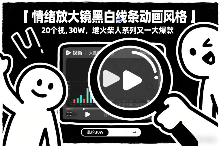 情绪放大镜黑白线条动画风格，20个视频，涨粉30W，继火柴人系列又一大爆款_02020937