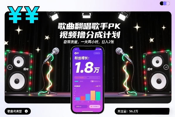 歌曲翻唱歌手PK视频撸分成计划，自带流量，一天两小时，日入2张_02021738